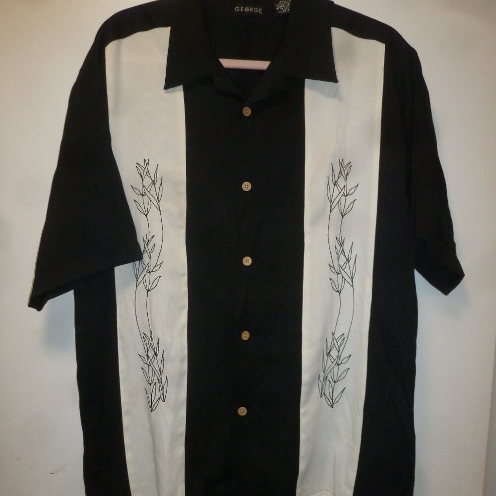 George Mens Embroidered Black/White Buttoned Short Sleeve Dress Shirt SzM(38/40)